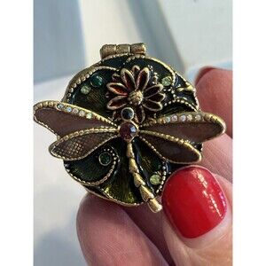 Vtg Monet Dragonfly Floral Enameled Jeweled Hinged Trinket Treasure Pill Box